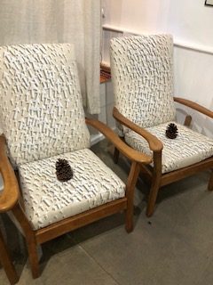 Pair 1950's/60's Beech frame armchairs New upholstery and Cushions - Timorous Beasties Prototype Isobar Design fabvric